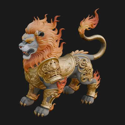 Flame-Maned Guardian Lion Statue Design 11 3D Print Model
