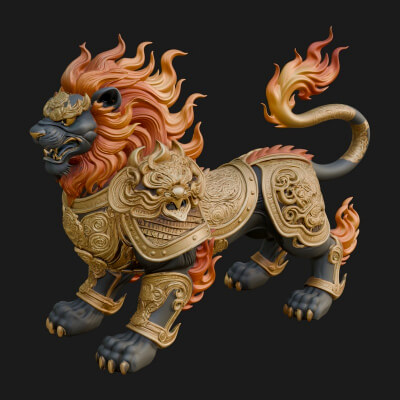 Flame-Maned Guardian Lion Statue Design 12 3D Print Model