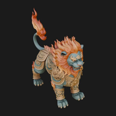Flame-Maned Guardian Lion Statue Design 13 3D Print Model