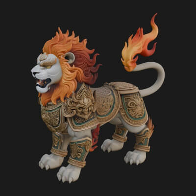 Flame-Maned Guardian Lion Statue Design 14 3D Print Model
