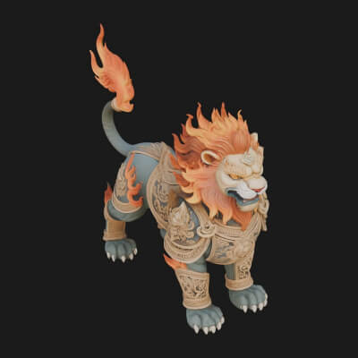 Flame-Maned Guardian Lion Statue Design 15 3D Print Model
