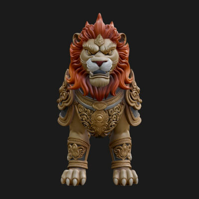 Flame-Maned Guardian Lion Statue Design 16 3D Print Model