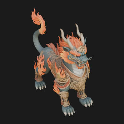 Flame-Maned Guardian Lion Statue Design 2 3D Print Model