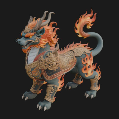 Flame-Maned Guardian Lion Statue Design 3 3D Print Model 3D Model
