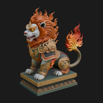 Flame-Maned Guardian Lion Statue Design 4 3D Print Model