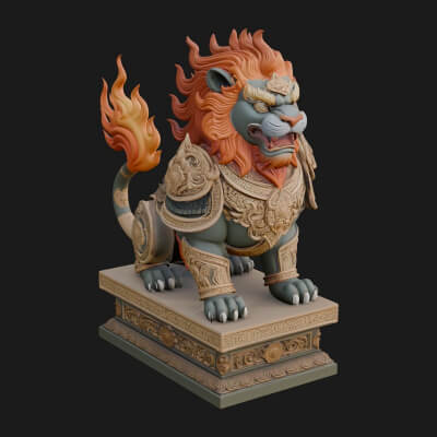 Flame-Maned Guardian Lion Statue Design 5 3D Print Model