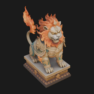 Flame-Maned Guardian Lion Statue Design 6 3D Print Model