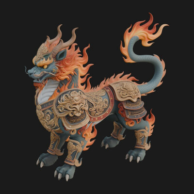 Flame Maned Guardian Lion Statue Design 7 3D Print Model