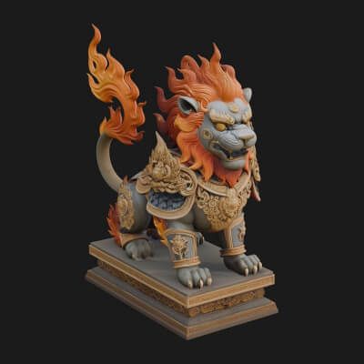 Flame-Maned Guardian Lion Statue Design 8 3D Print Model
