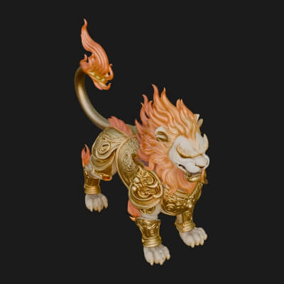 Flame-Maned Guardian Lion Statue Design 9 3D Print Model