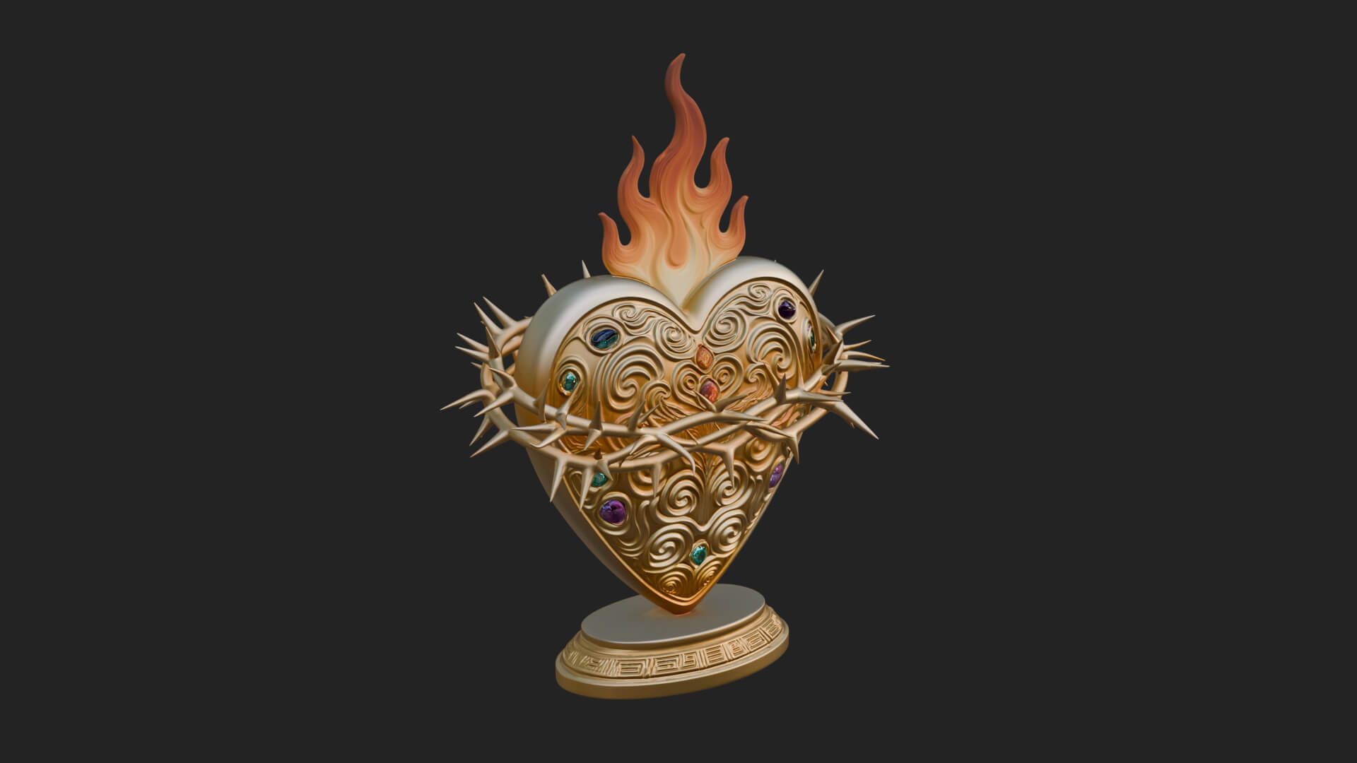 Flaming Sacred Heart Ornament Design 1 3D Print Model 3D Model