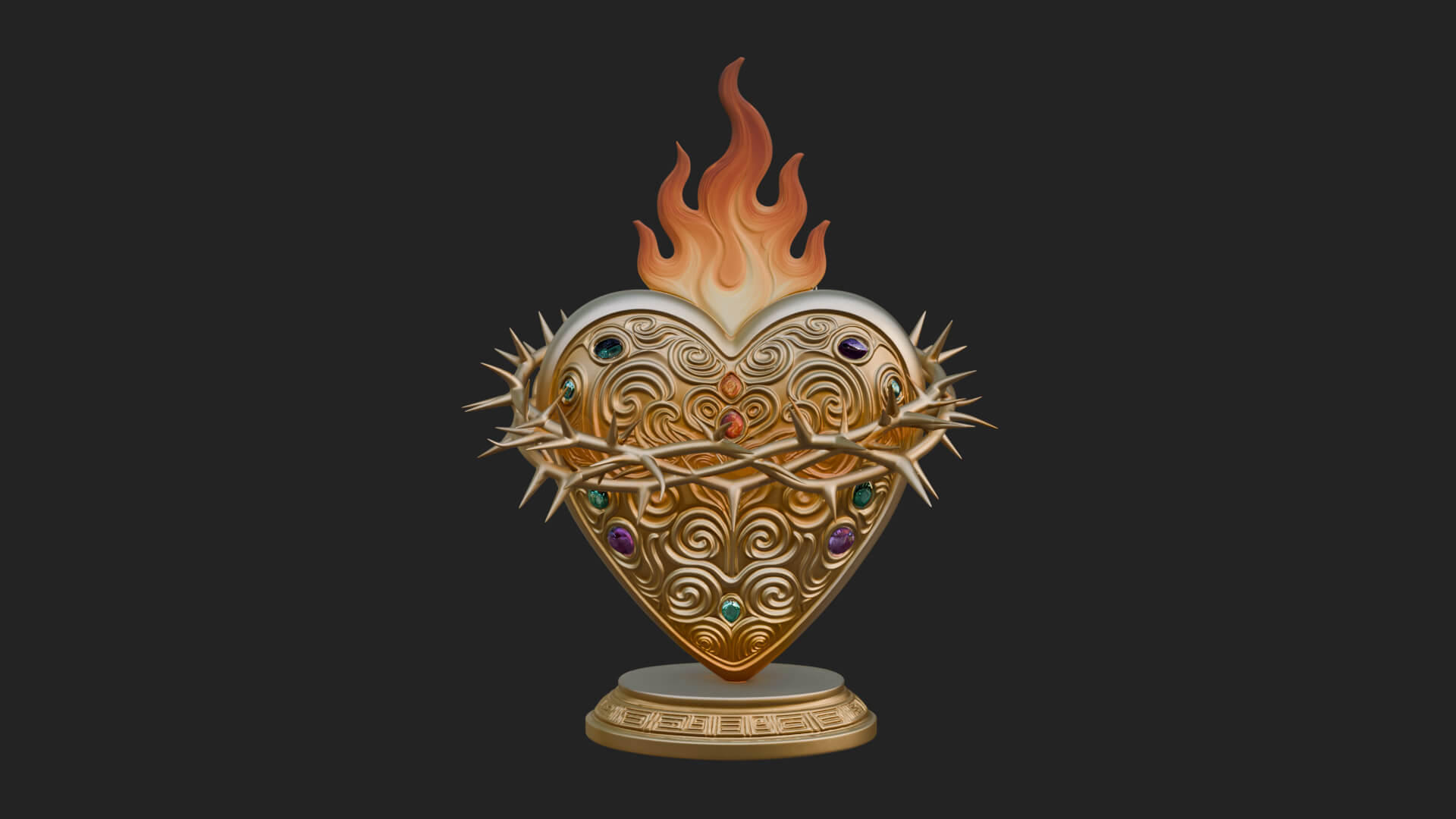 Flaming Sacred Heart Ornament Design 1 3D Print Model 3D Model