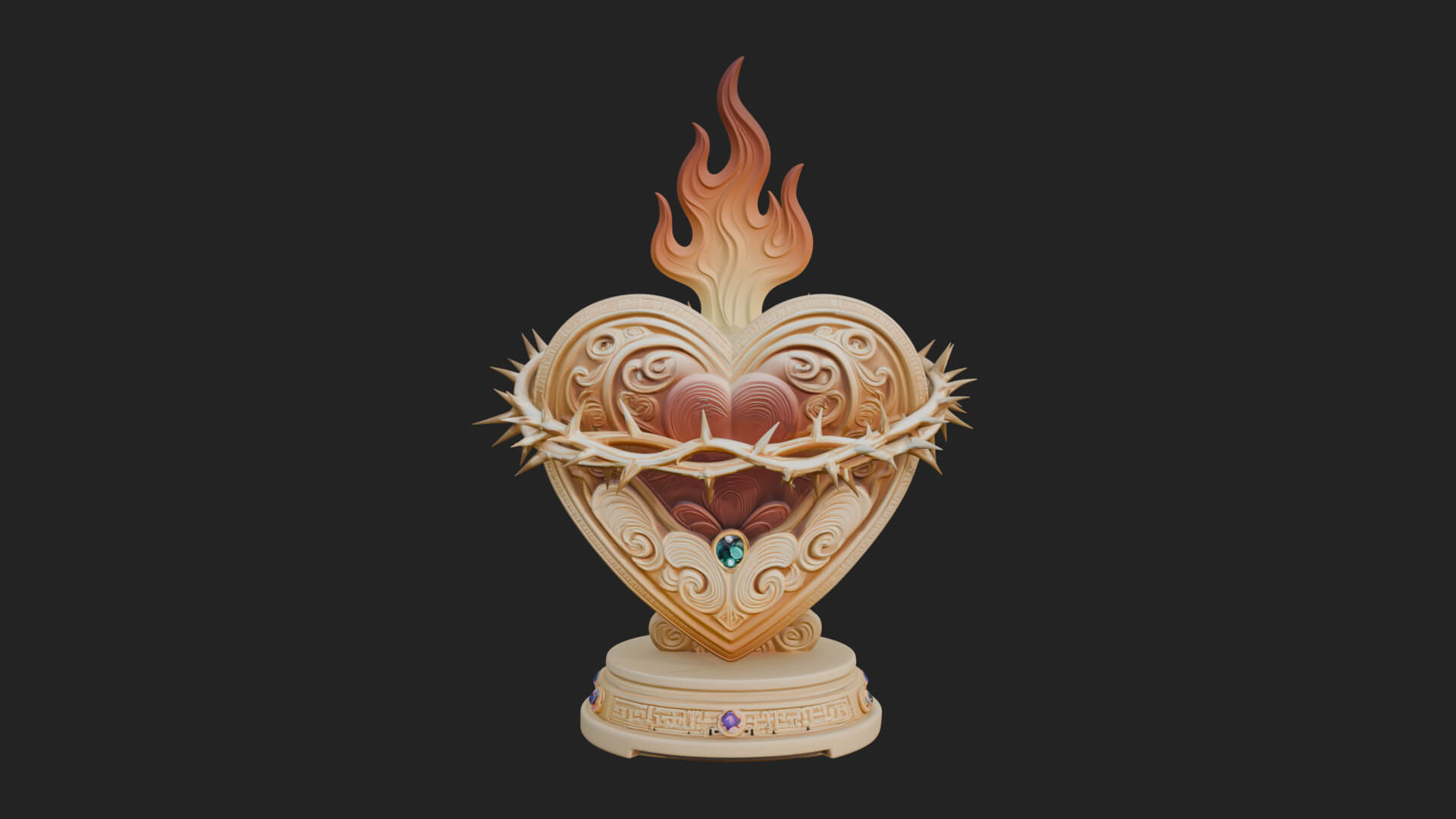 Flaming Sacred Heart Ornament Design 2 3D Print Model 3D Model