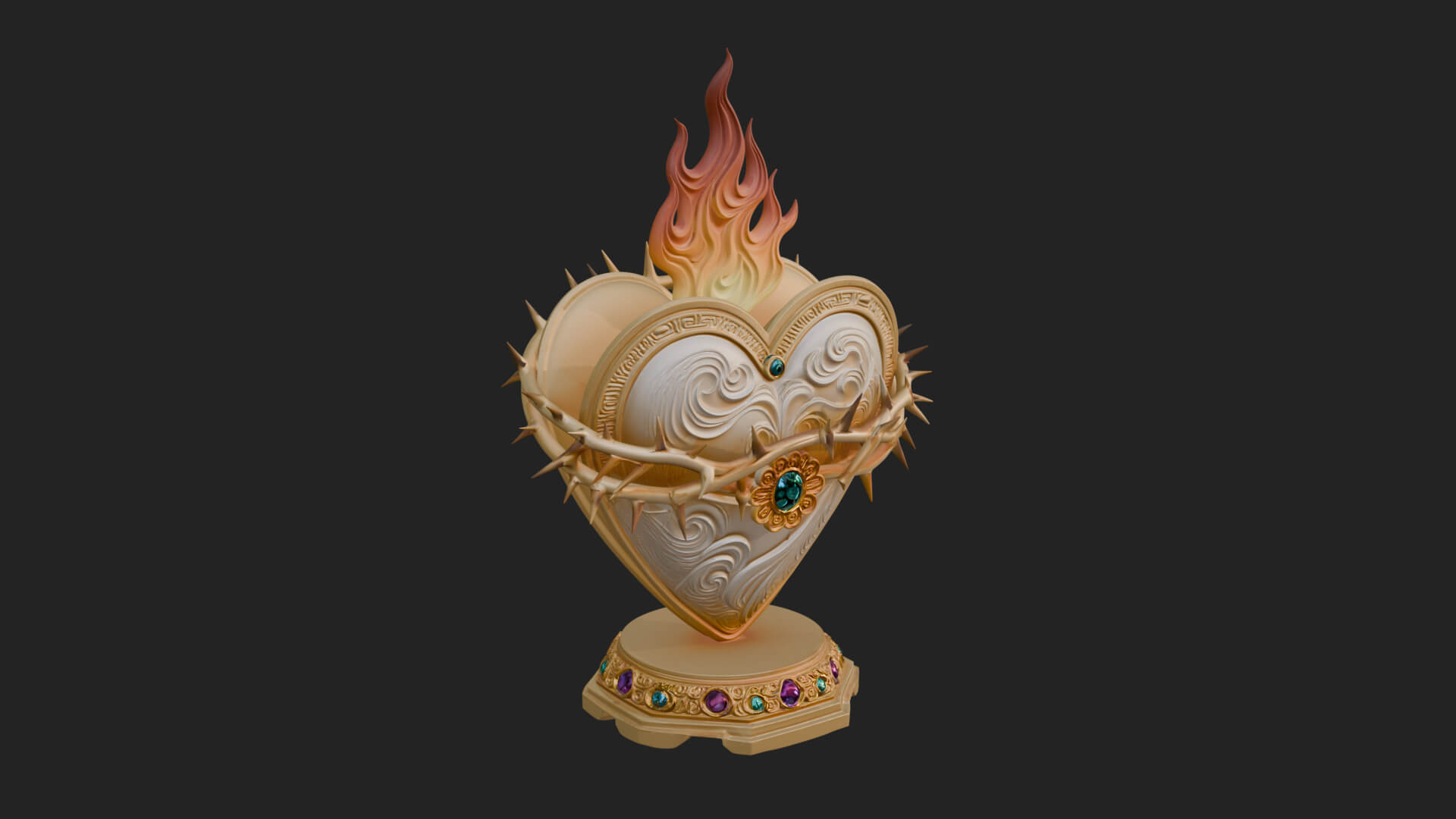 Flaming Sacred Heart Ornament Design 3 3D Print Model 3D Model