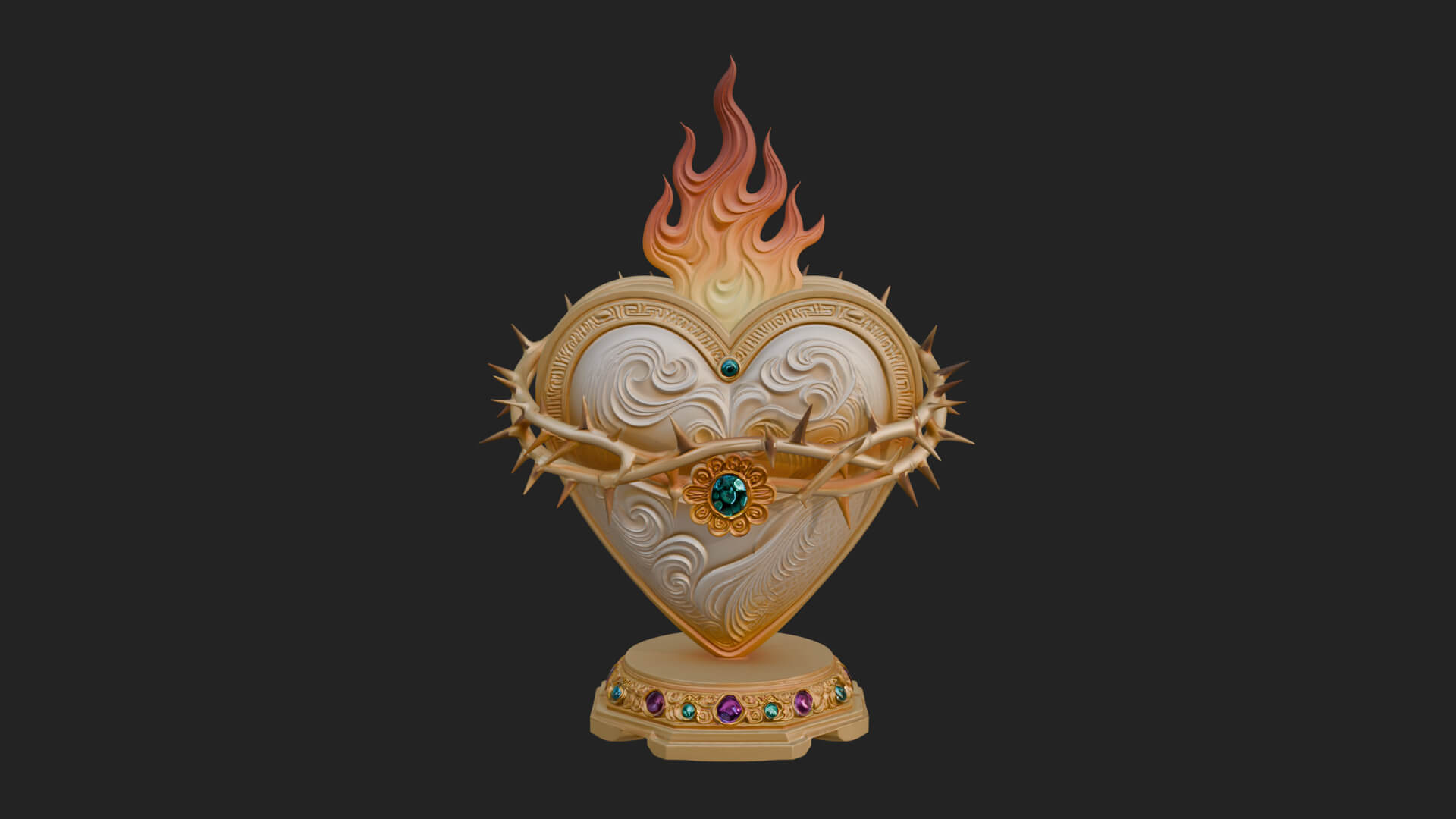 Flaming Sacred Heart Ornament Design 3 3D Print Model 3D Model