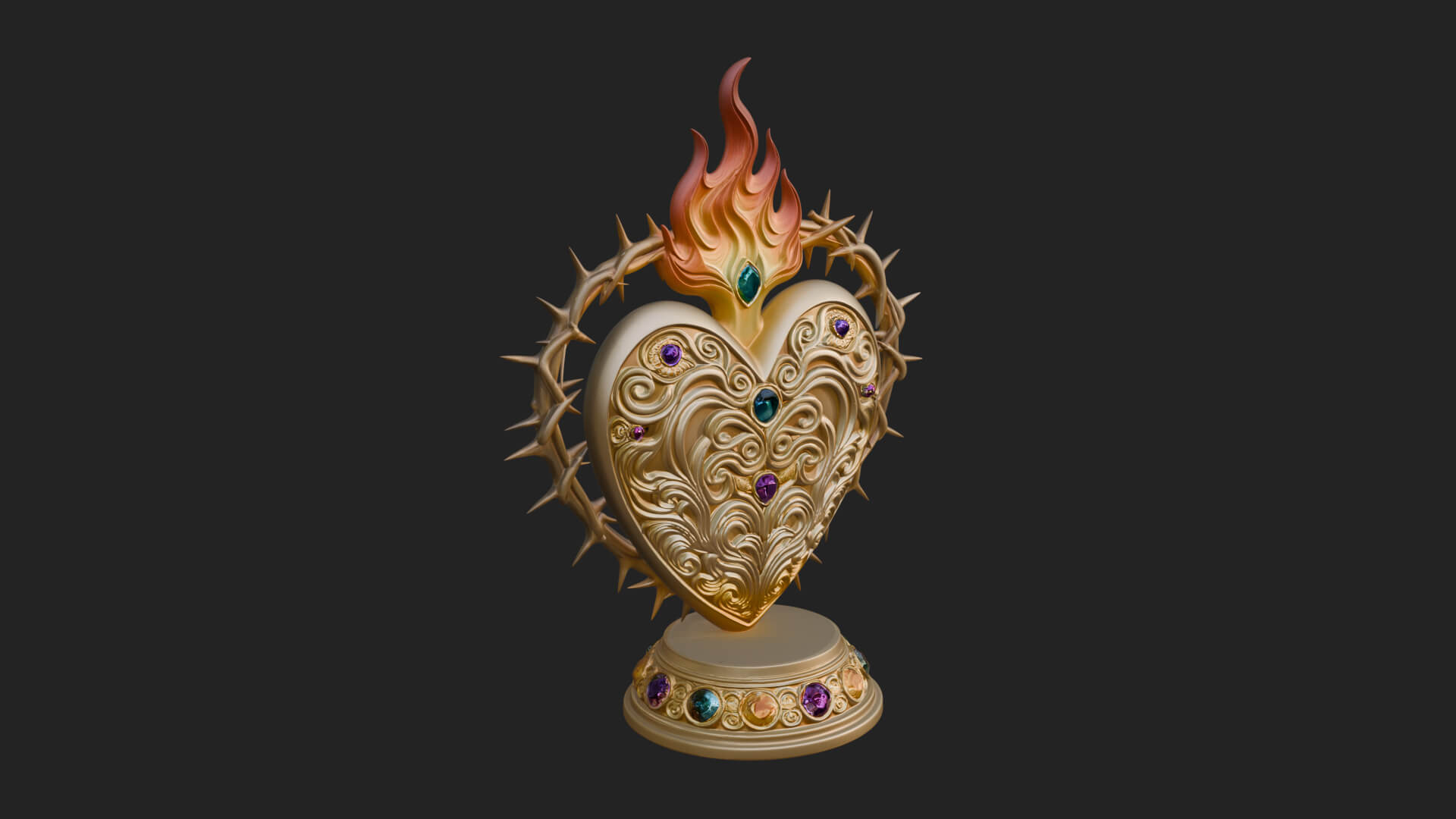 Flaming Sacred Heart Ornament Design 4 3D Print Model 3D Model