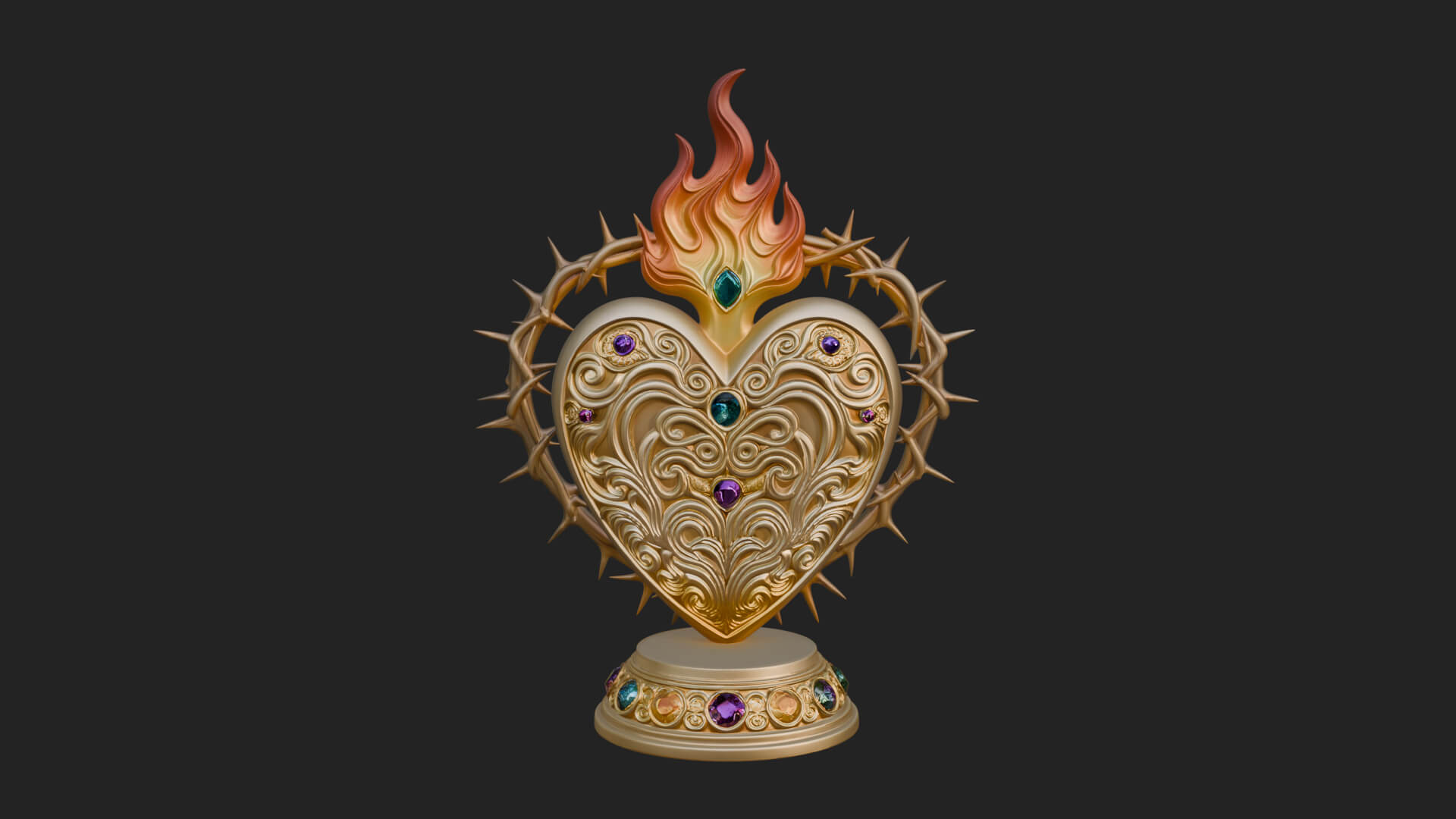 Flaming Sacred Heart Ornament Design 4 3D Print Model 3D Model