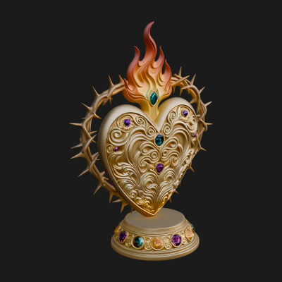 Flaming Sacred Heart Ornament Design 4 3D Print Model