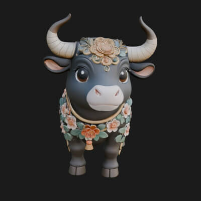Floral Chibi Ox Statue Design 2 3D Print Model
