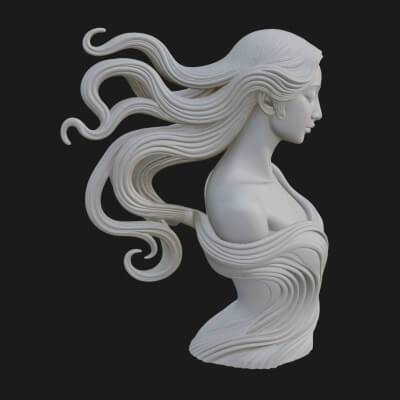 Flowing Hair Woman Bust Statue Design 3 3D Print Model