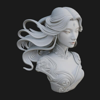 Flowing Hair Woman Bust Statue Design 7 3D Print Model