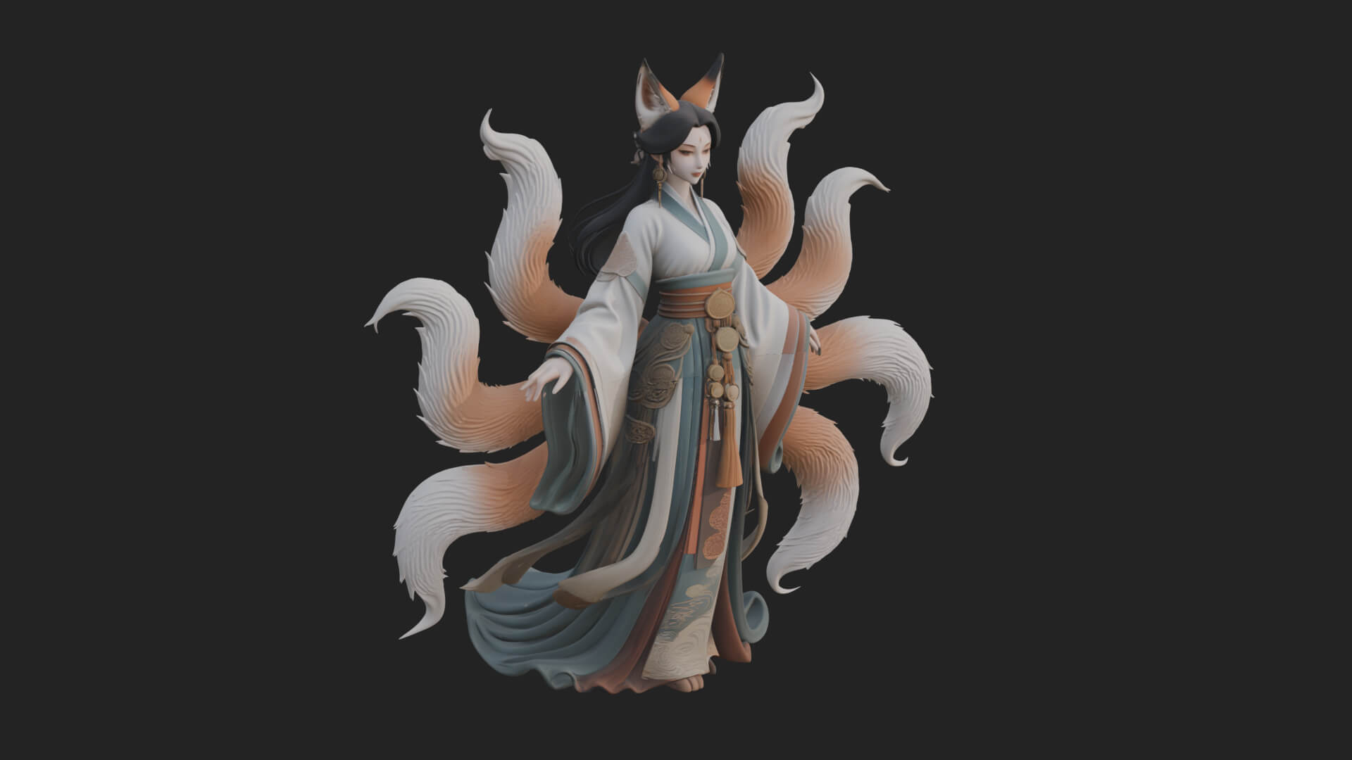 Fox-Eared Kitsune Woman Statue Design 1 3D Print Model 3D Model