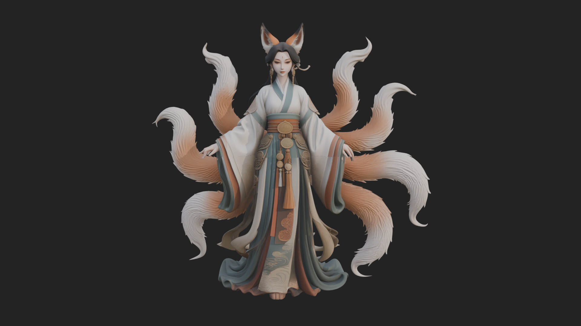 Fox-Eared Kitsune Woman Statue Design 1 3D Print Model 3D Model