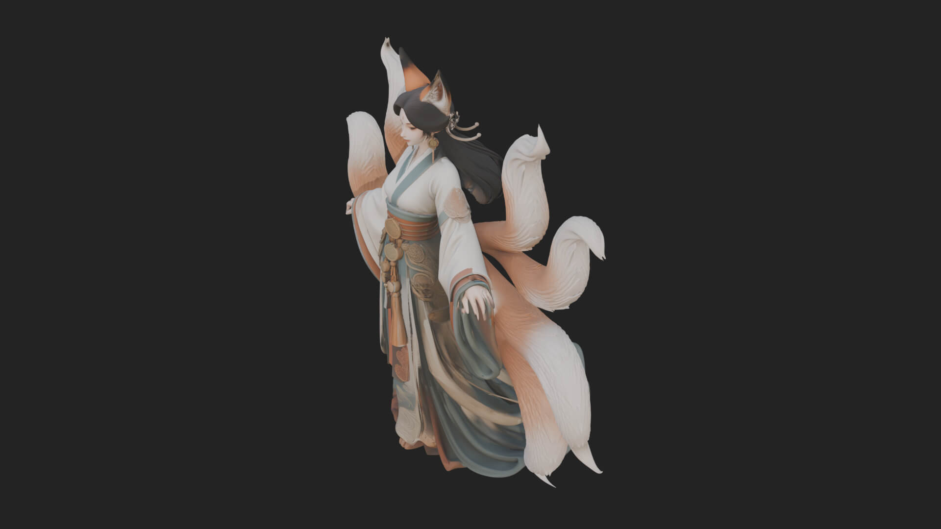 Fox-Eared Kitsune Woman Statue Design 1 3D Print Model 3D Model