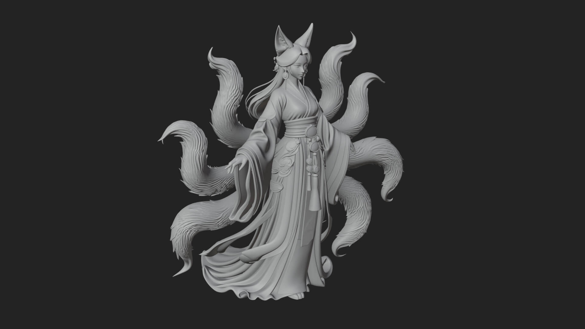 Fox-Eared Kitsune Woman Statue Design 1 3D Print Model 3D Model