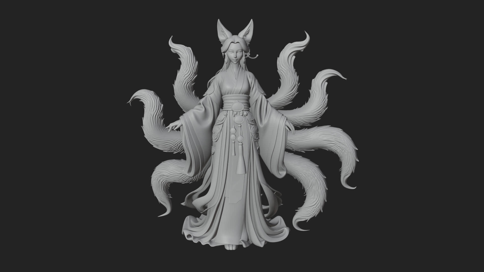 Fox-Eared Kitsune Woman Statue Design 1 3D Print Model 3D Model