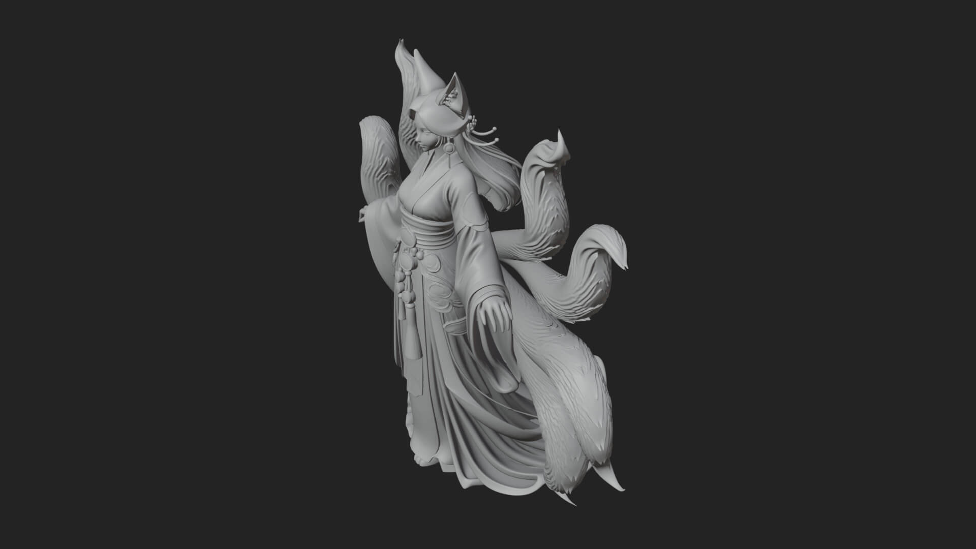 Fox-Eared Kitsune Woman Statue Design 1 3D Print Model 3D Model
