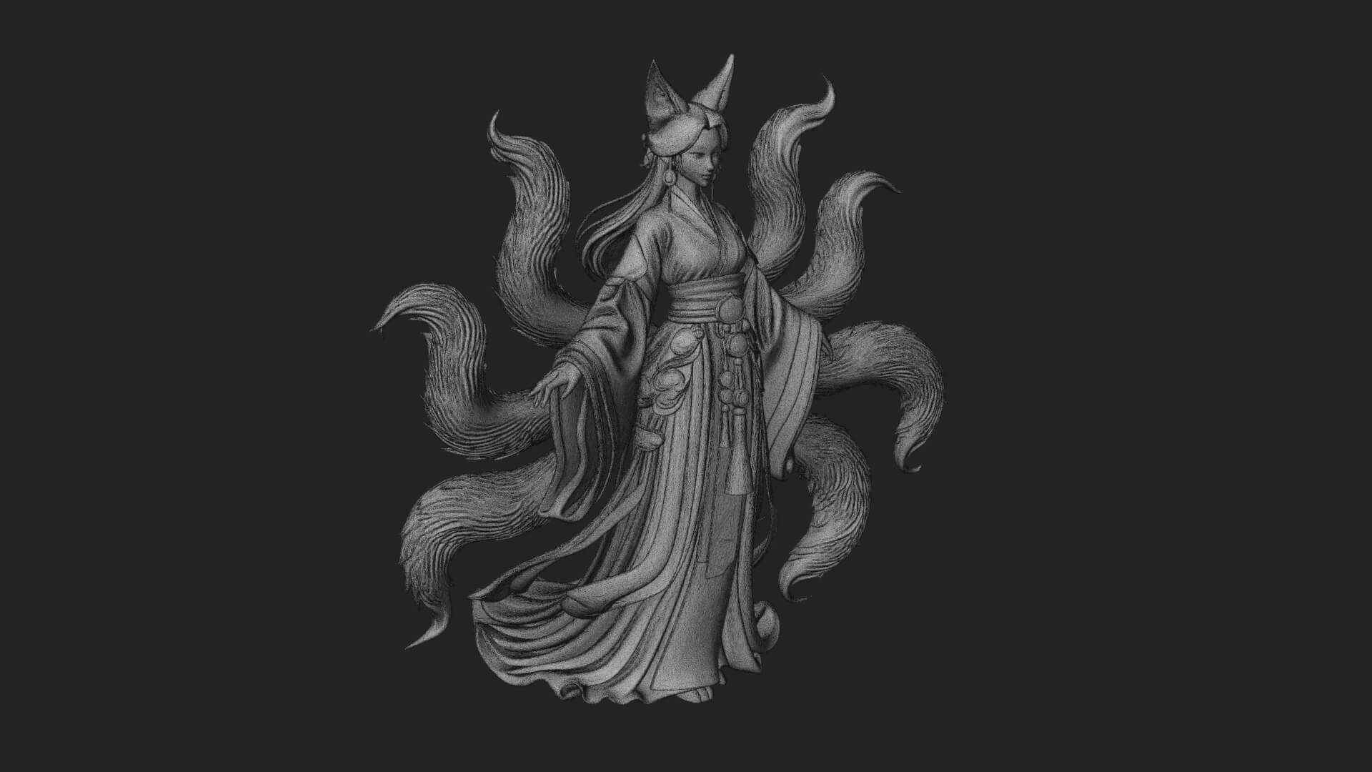 Fox-Eared Kitsune Woman Statue Design 1 3D Print Model 3D Model