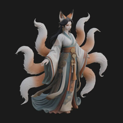 Fox-Eared Kitsune Woman Statue Design 1 3D Print Model