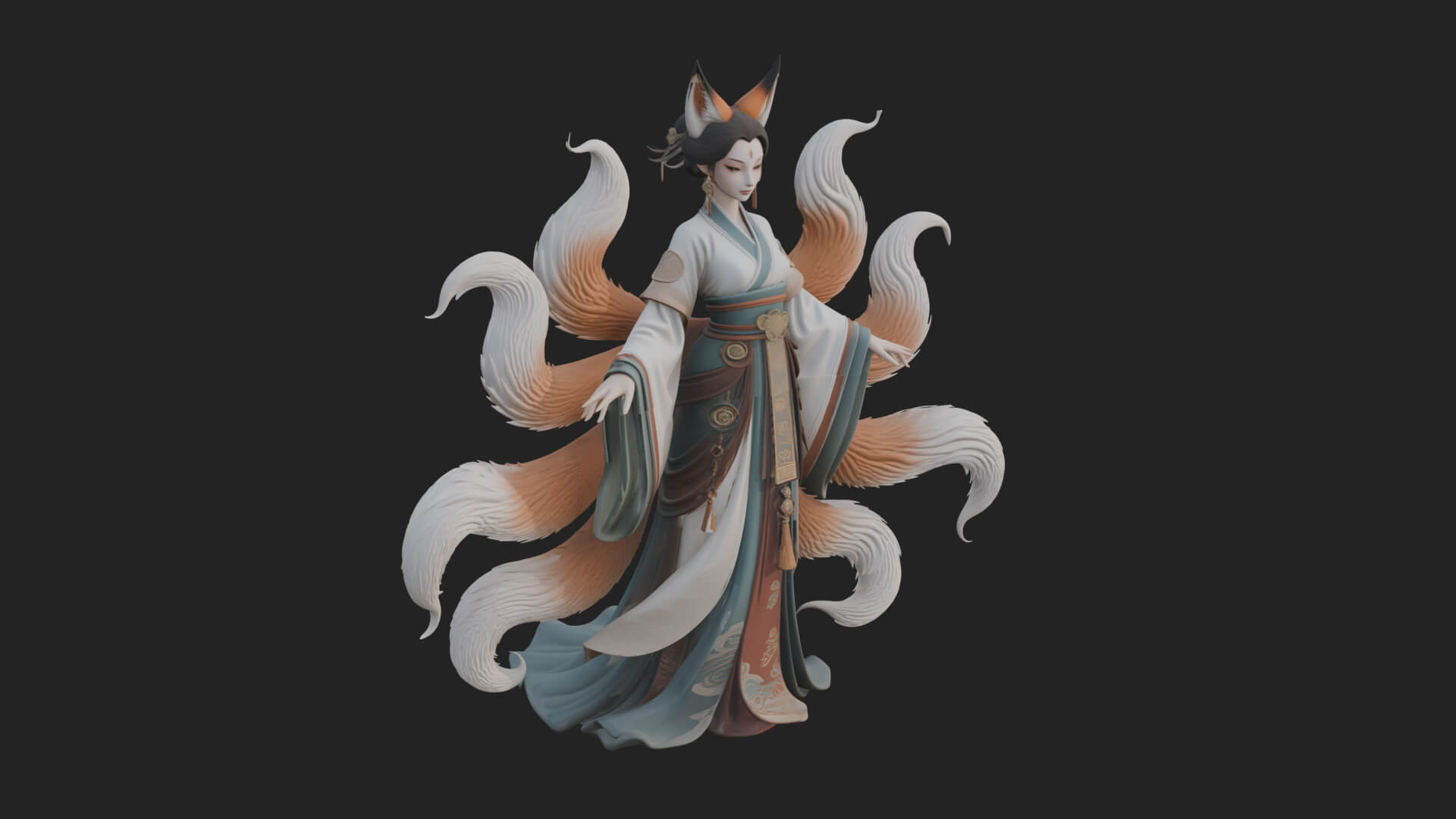 Fox-Eared Kitsune Woman Statue Design 2 3D Print Model 3D Model