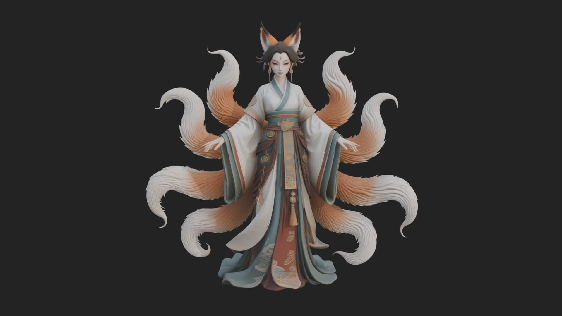Fox-Eared Kitsune Woman Statue Design 2 3D Print Model 3D Model