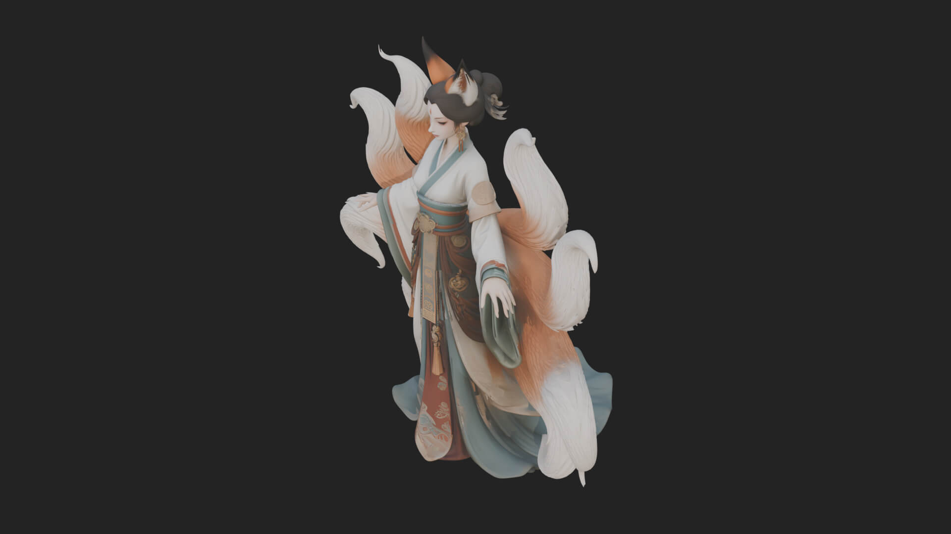 Fox-Eared Kitsune Woman Statue Design 2 3D Print Model 3D Model