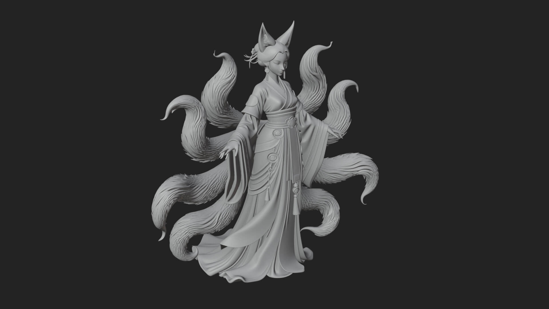 Fox-Eared Kitsune Woman Statue Design 2 3D Print Model 3D Model