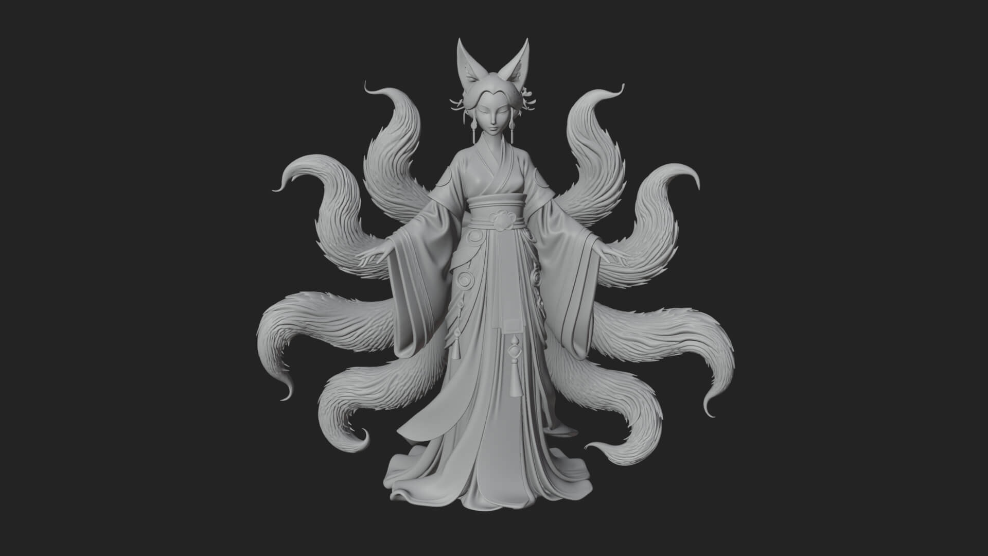 Fox-Eared Kitsune Woman Statue Design 2 3D Print Model 3D Model
