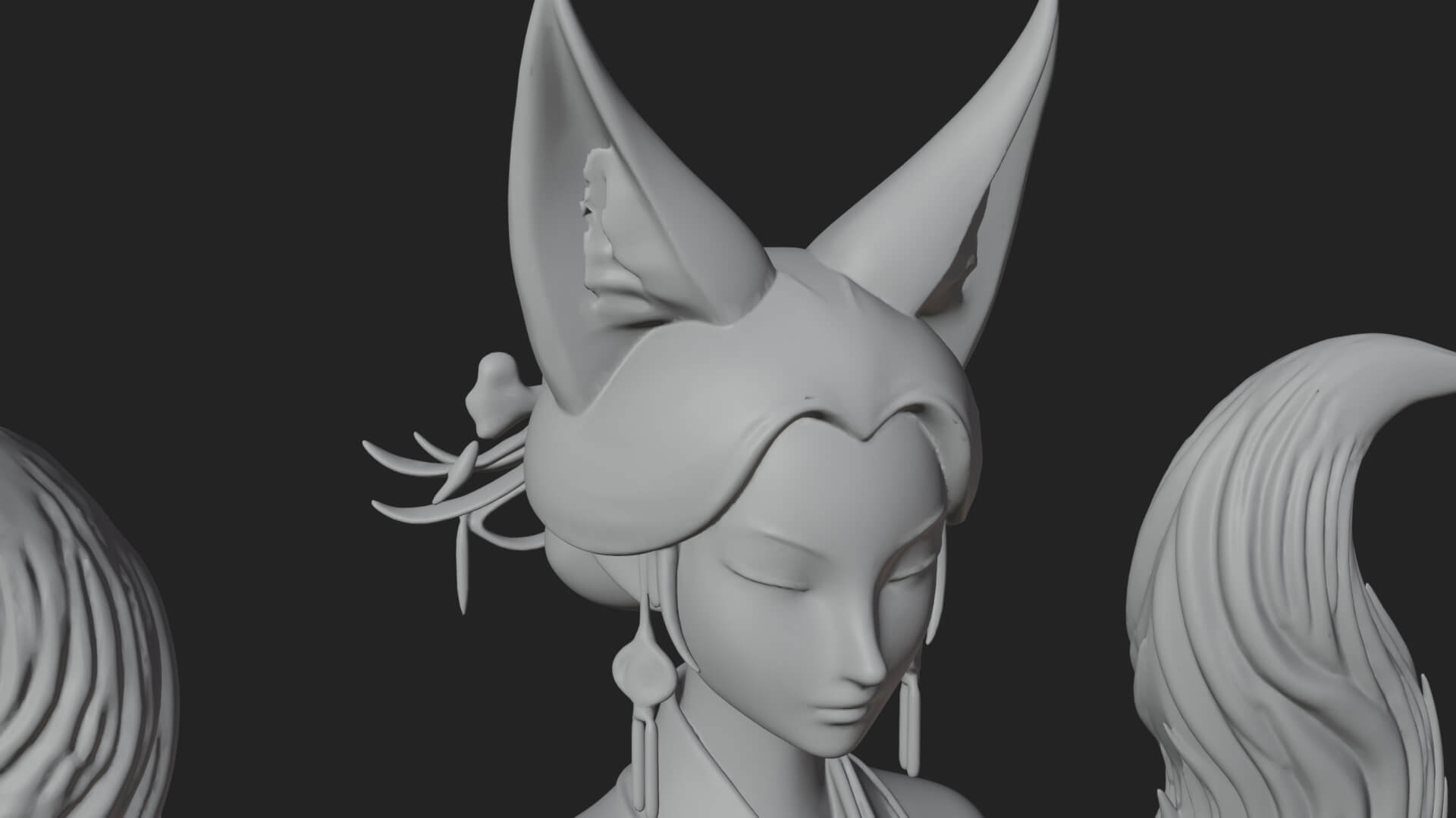 Fox-Eared Kitsune Woman Statue Design 2 3D Print Model 3D Model