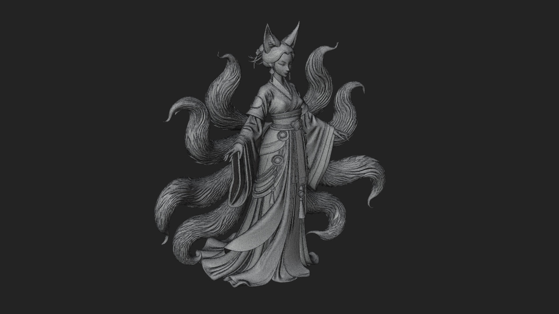 Fox-Eared Kitsune Woman Statue Design 2 3D Print Model 3D Model