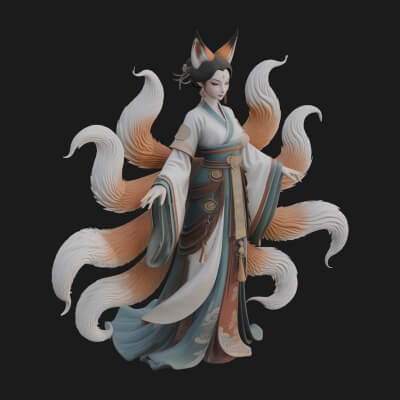 Fox-Eared Kitsune Woman Statue Design 2 3D Print Model