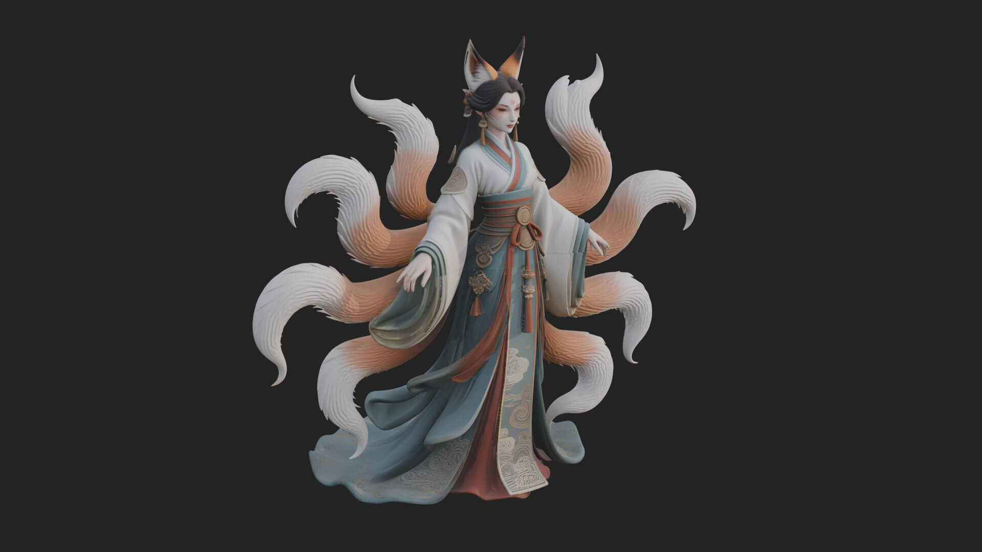 Fox-Eared Kitsune Woman Statue Design 3 3D Print Model 3D Model