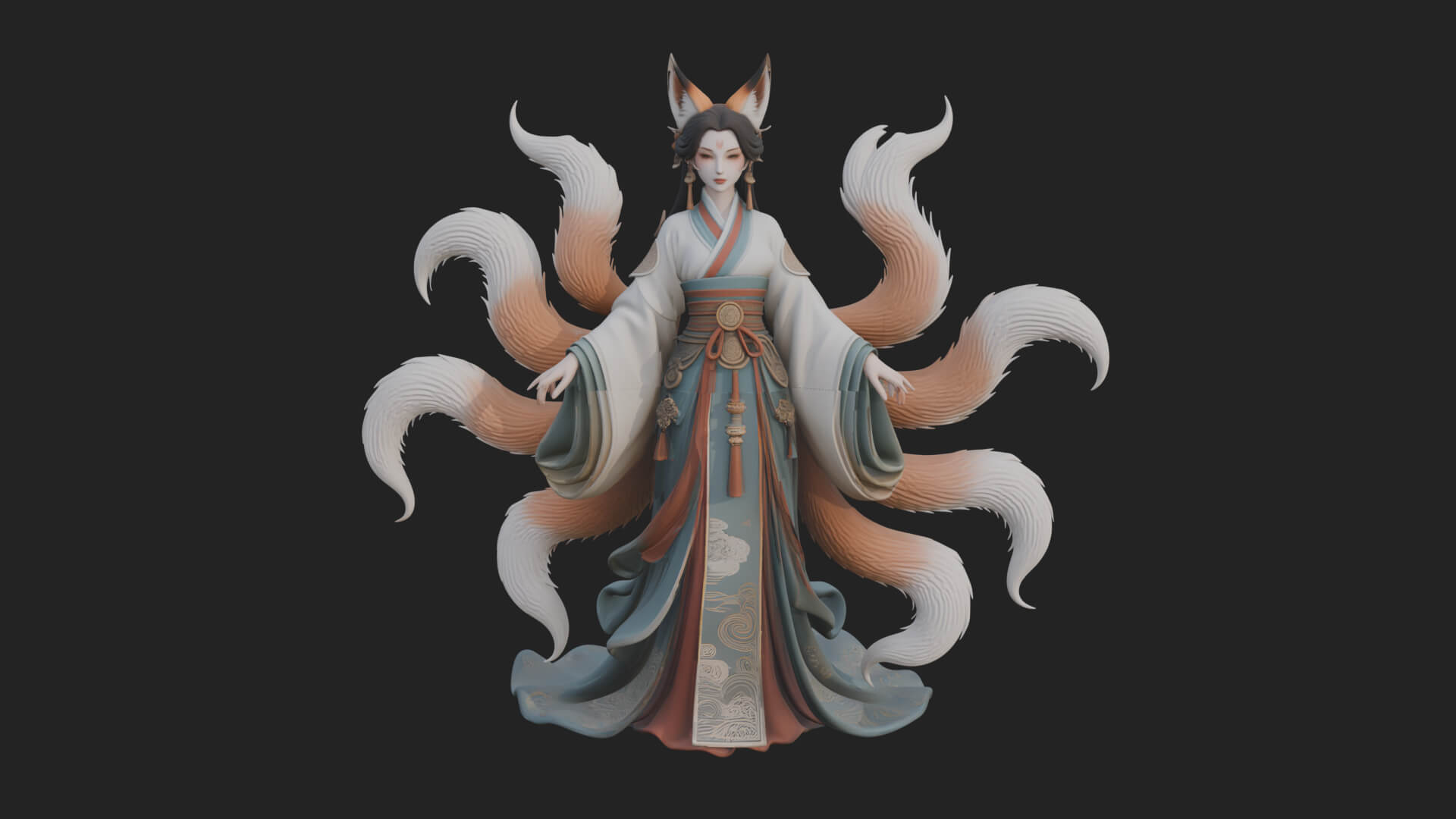 Fox-Eared Kitsune Woman Statue Design 3 3D Print Model 3D Model