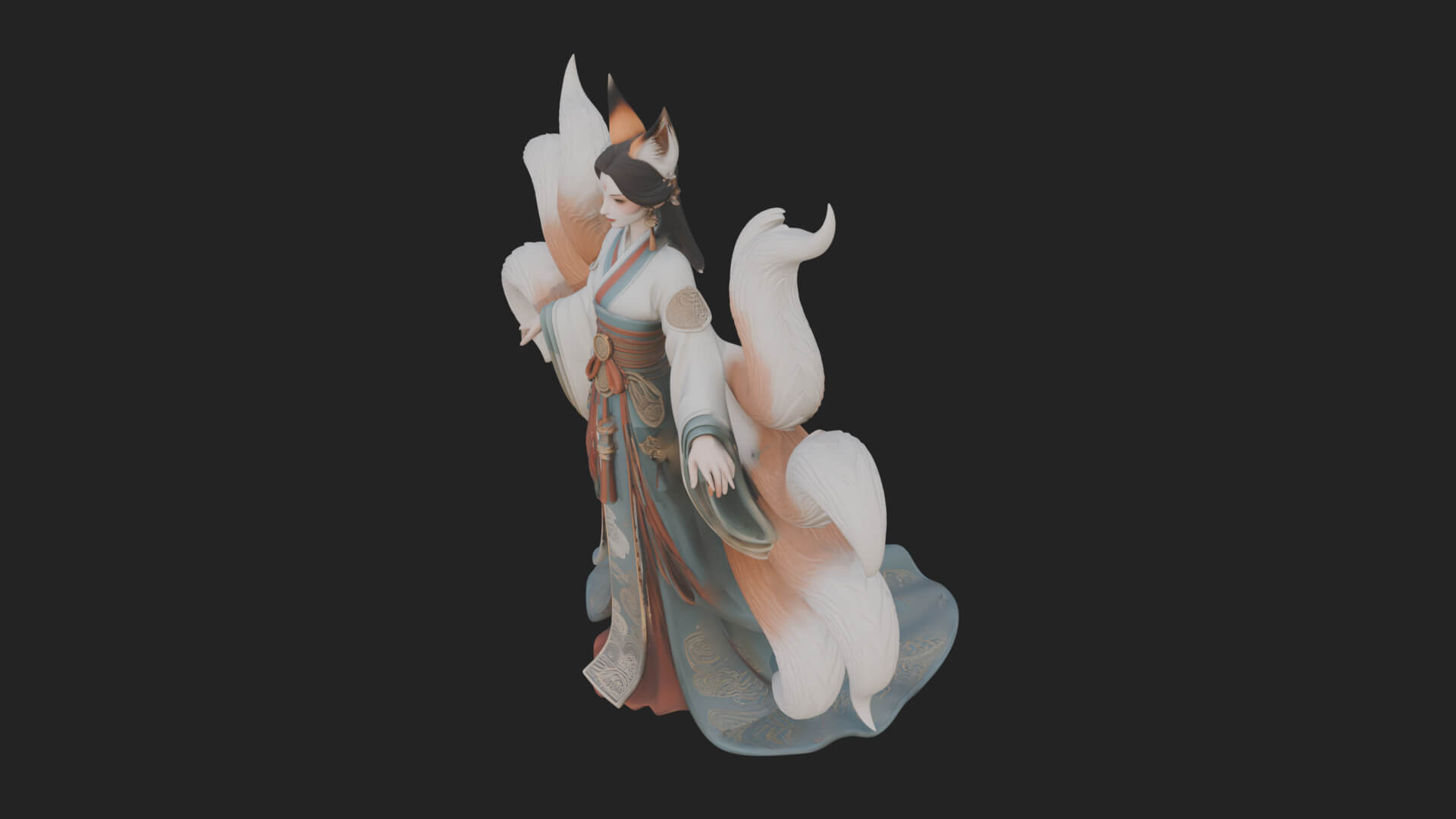 Fox-Eared Kitsune Woman Statue Design 3 3D Print Model 3D Model