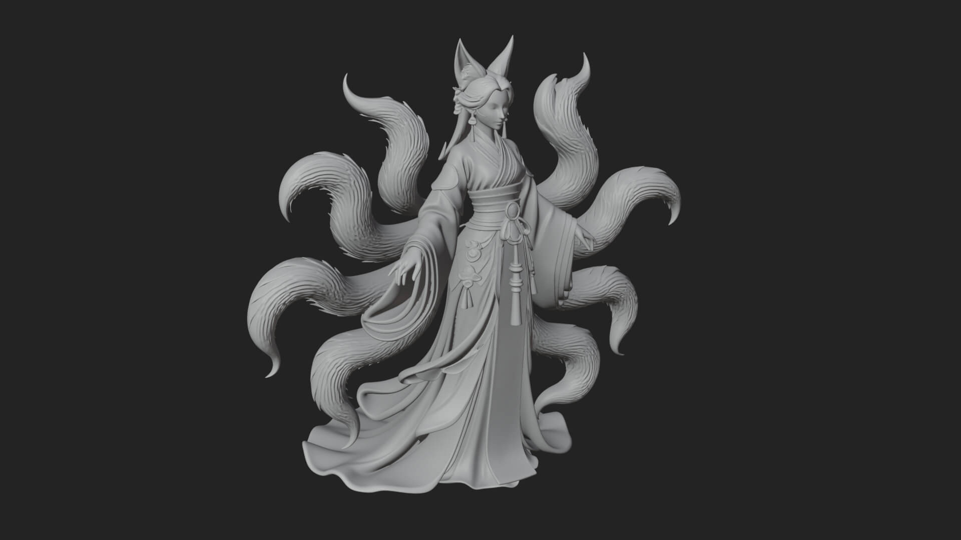 Fox-Eared Kitsune Woman Statue Design 3 3D Print Model 3D Model