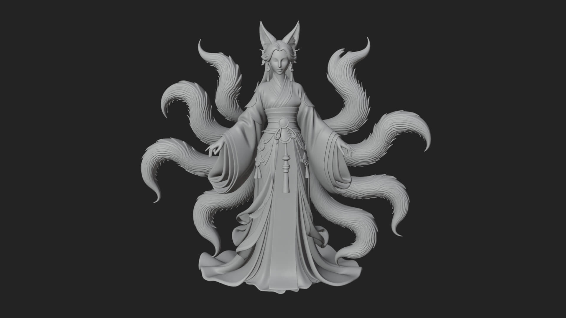 Fox-Eared Kitsune Woman Statue Design 3 3D Print Model 3D Model