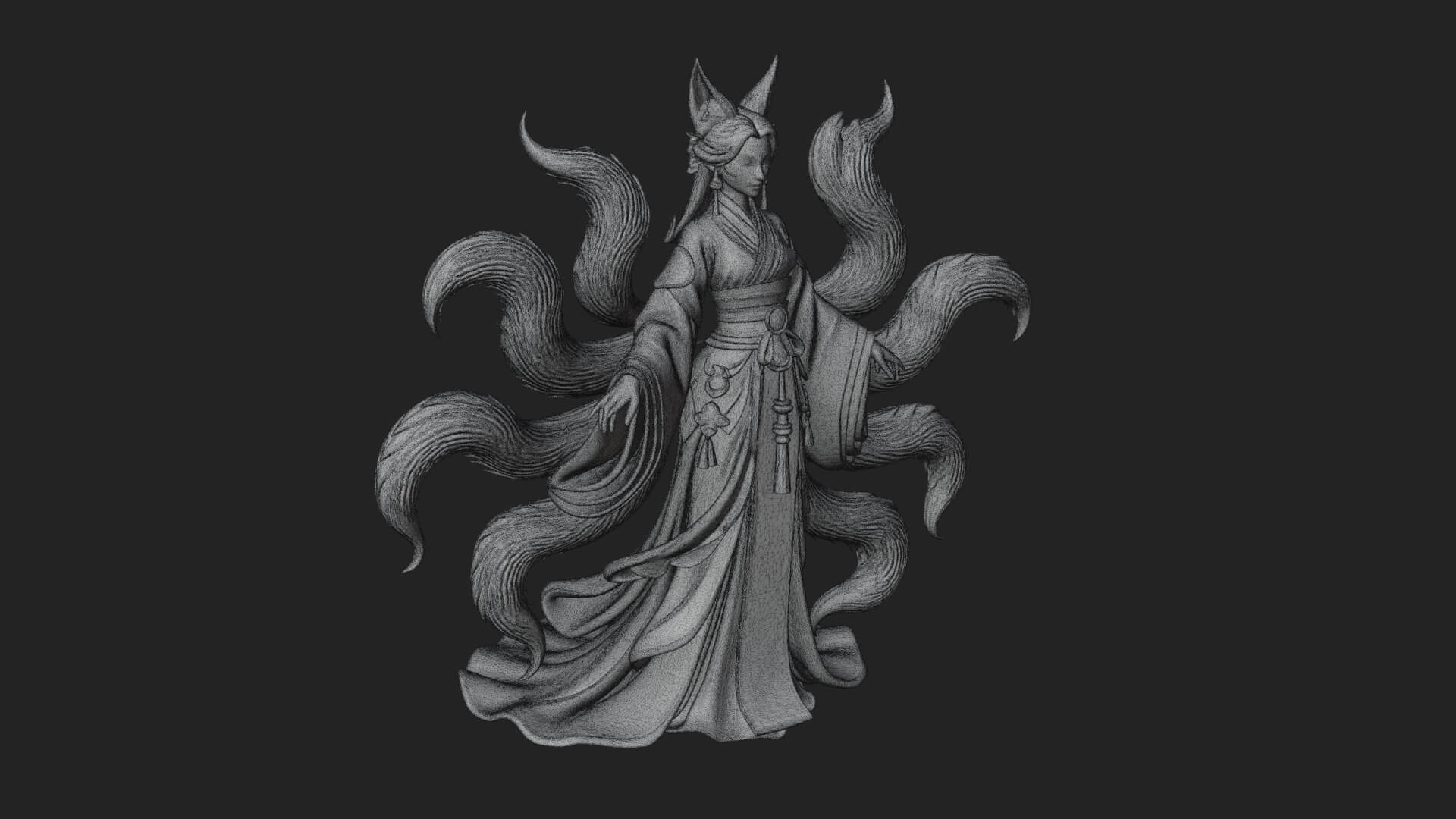 Fox-Eared Kitsune Woman Statue Design 3 3D Print Model 3D Model