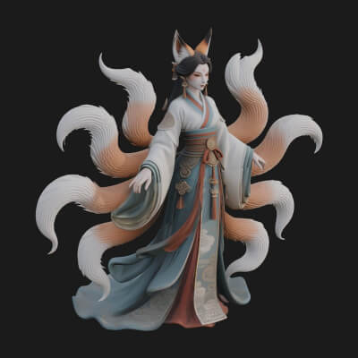 Fox-Eared Kitsune Woman Statue Design 3 3D Print Model