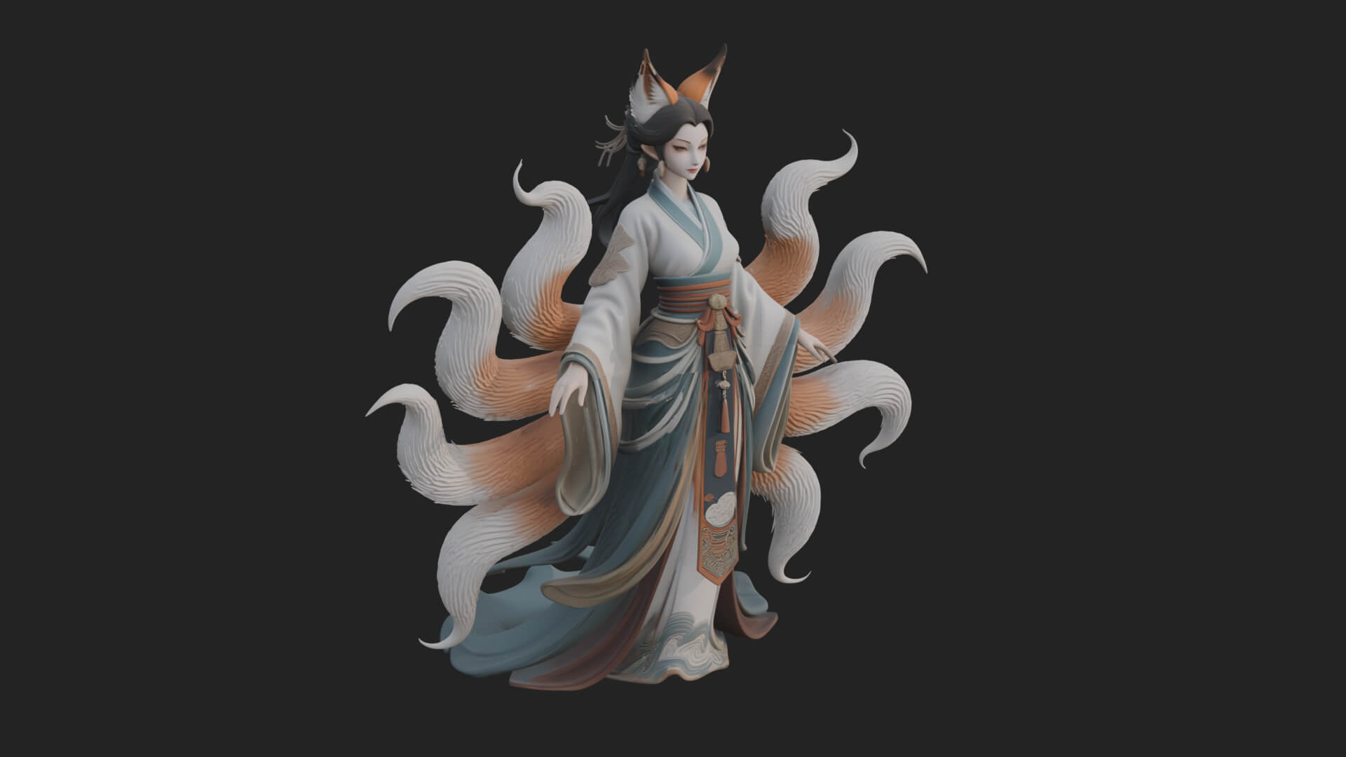 Fox Eared Kitsune Woman Statue Design 4 3D Print Model 3D Model