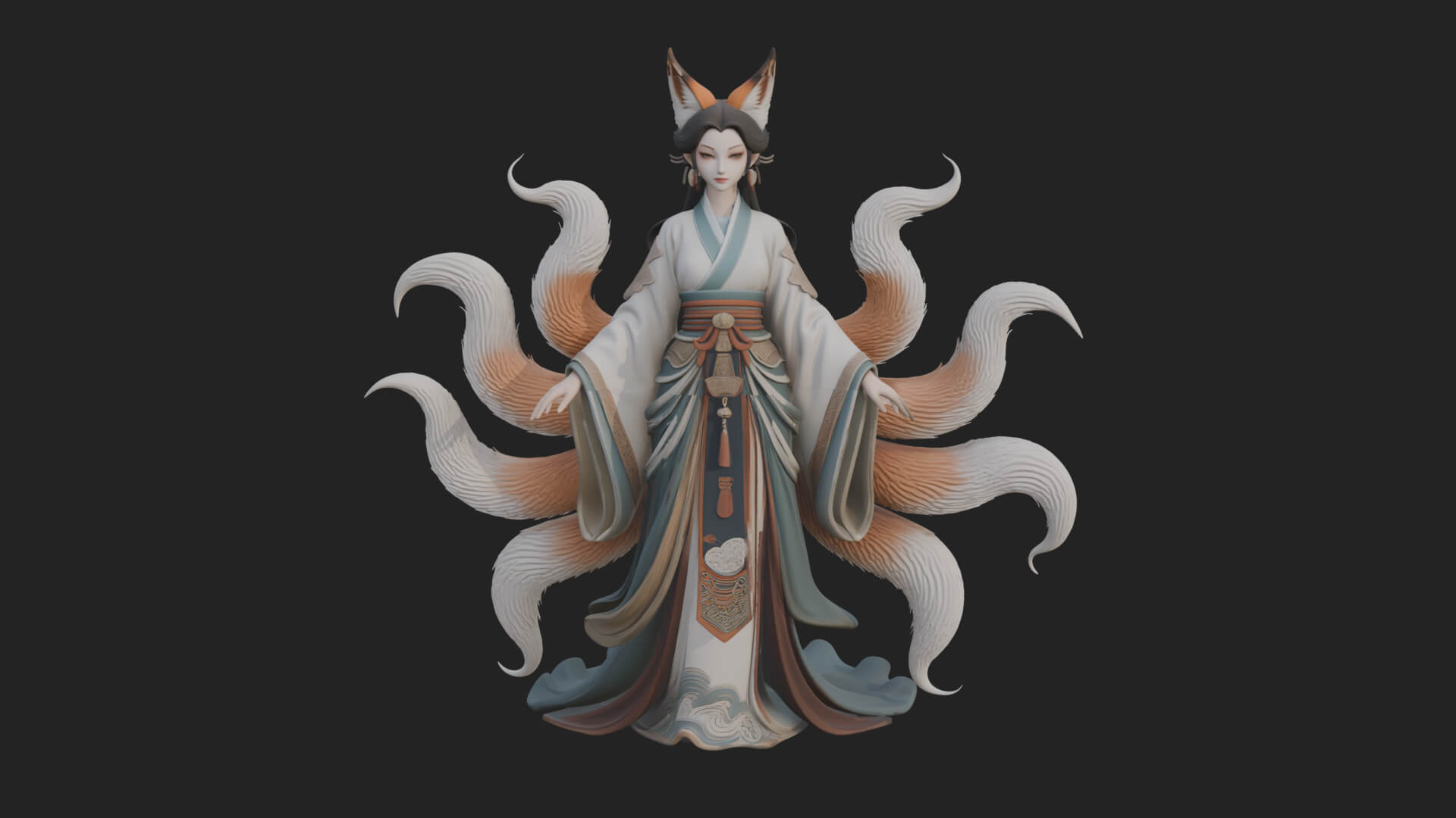 Fox Eared Kitsune Woman Statue Design 4 3D Print Model 3D Model